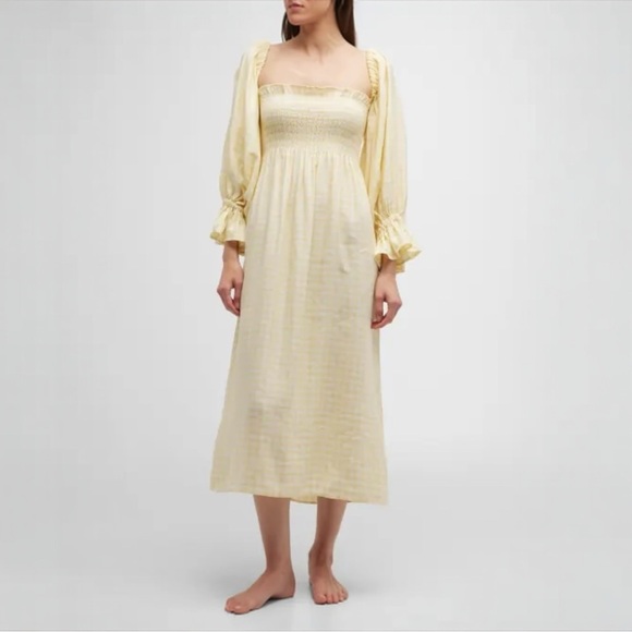 Sleeper RARE Atlanta Check-Print Linen Blend Dress in Yellow & White